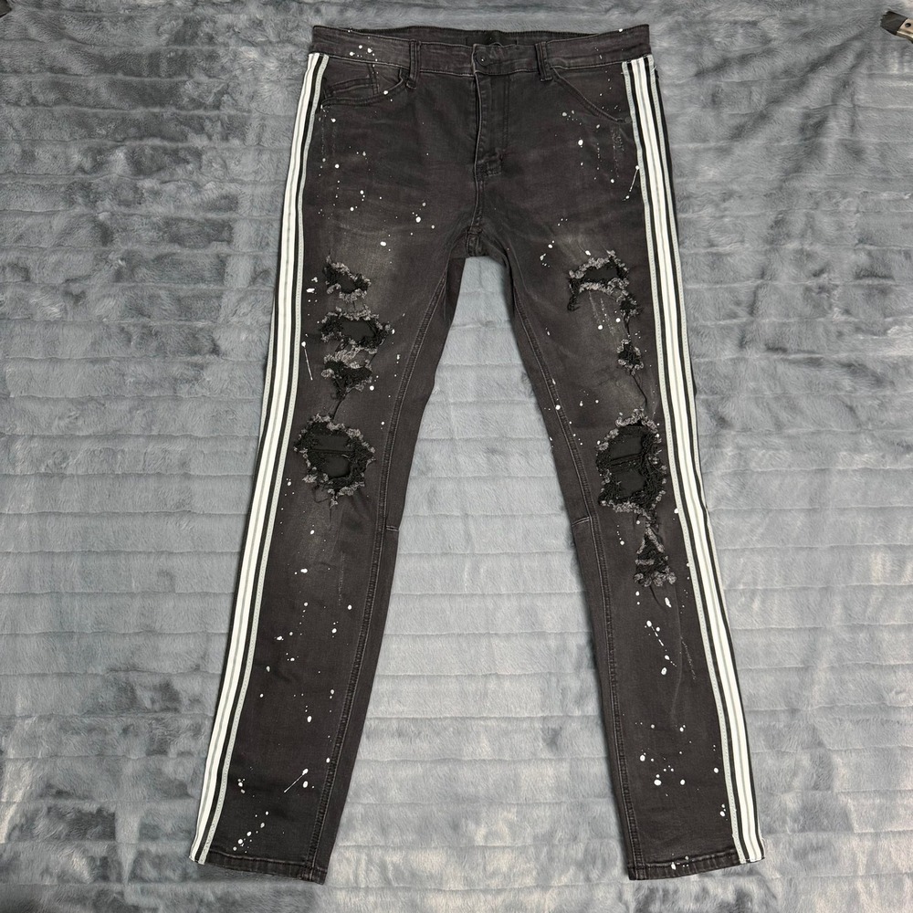 KDNK Distressed Skinny Jeans Mens 34 Black Paint Splatter Side Stripe 1141411